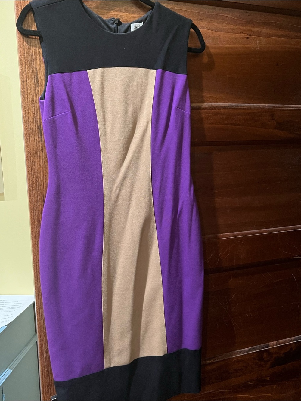 Cache Colorblock Sheath Dress in Purple, Black & Tan
